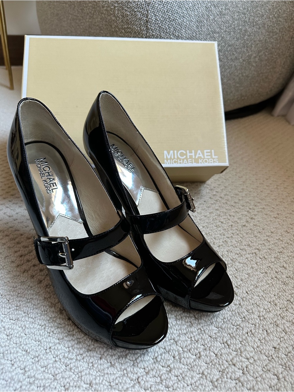 MICHAEL Michael Kors Black Patent Peep-Toe Chandler Mary Jane Heels with Buckle